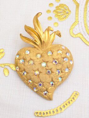 Vtg BALLET Inc. Brooch Pineapple Heart AB Rhinestone Gold Tone 1960s Retro Glam
